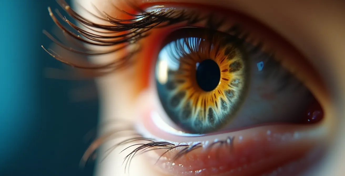 Détail macro d'un iris d'enfant montrant la structure complexe de l'œil