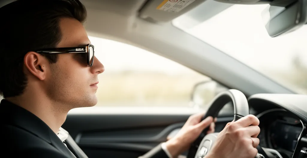 Personne portant des lunettes de soleil au volant d'une voiture moderne