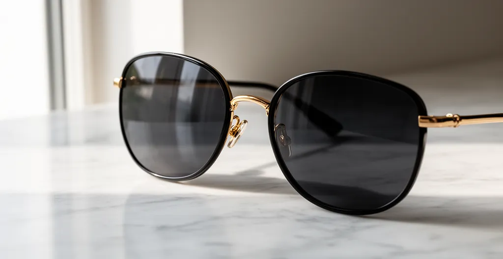 Détail de verres de lunettes de soleil avec reflets naturels sur surface claire