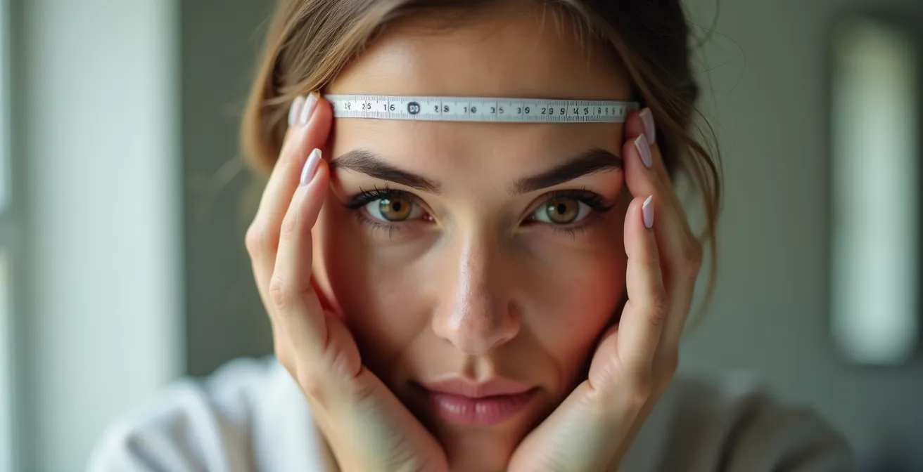 Personne mesurant la largeur de son visage avec ses mains devant un miroir