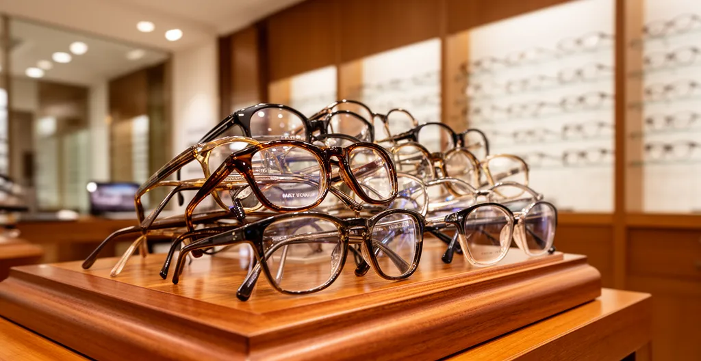 Collection de lunettes Gucci exposées sur présentoir en bois dans une boutique d'optique