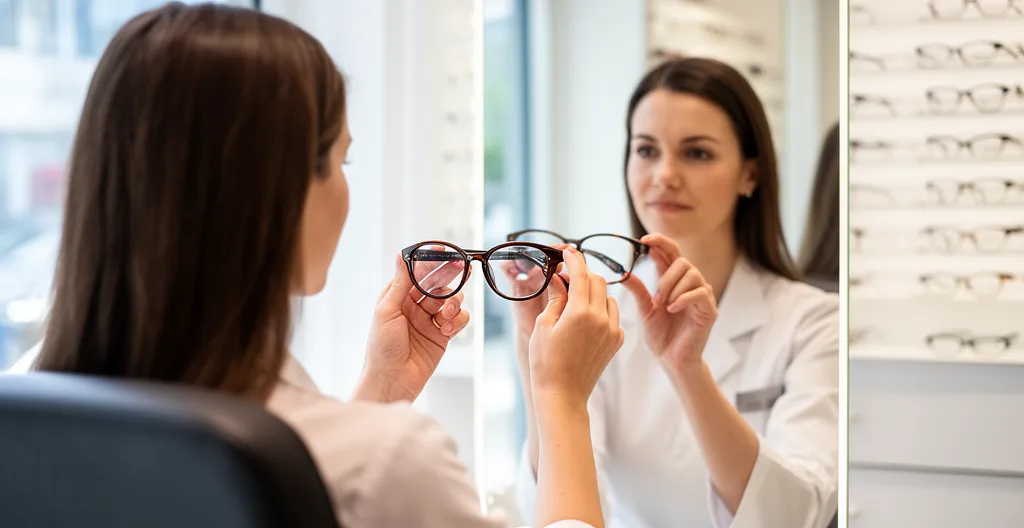 Opticienne présentant une monture à une cliente assise devant un miroir